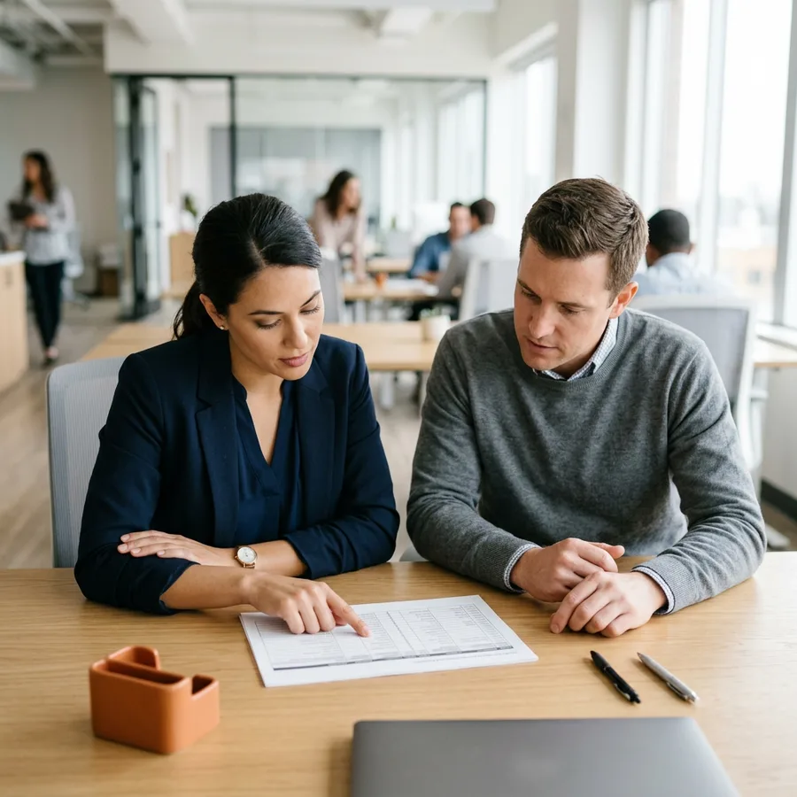 A NetSuite consultant and a Salesforce administrator reviewing a printed field mapping document side by side at a desk