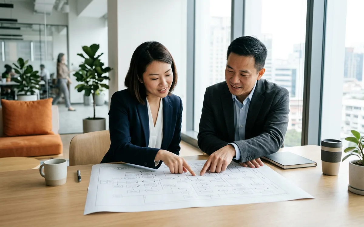 A KORE1 technical recruiter and a Salesforce NetSuite integration consultant candidate reviewing a data mapping diagram together at a bright office table