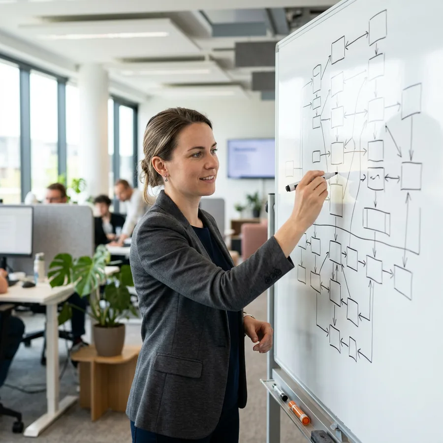 A solutions architect sketching a system architecture diagram with connected boxes and arrows on a whiteboard