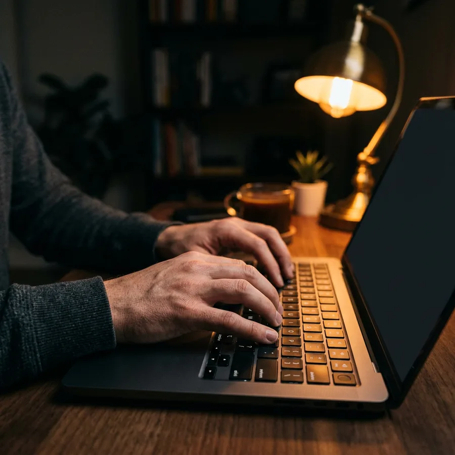 Close-up of a developer's hands typing authentication configuration code on a laptop keyboard at night with an orange desk lamp glow
