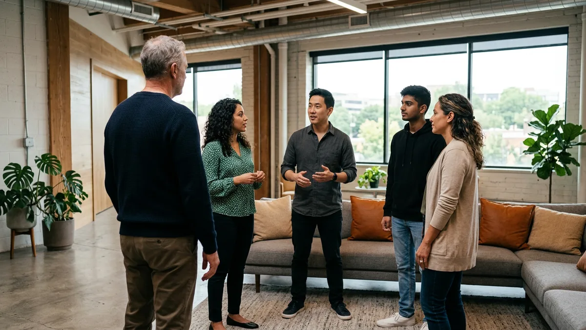 Engineering manager standing at the back of a team discussion, listening instead of leading