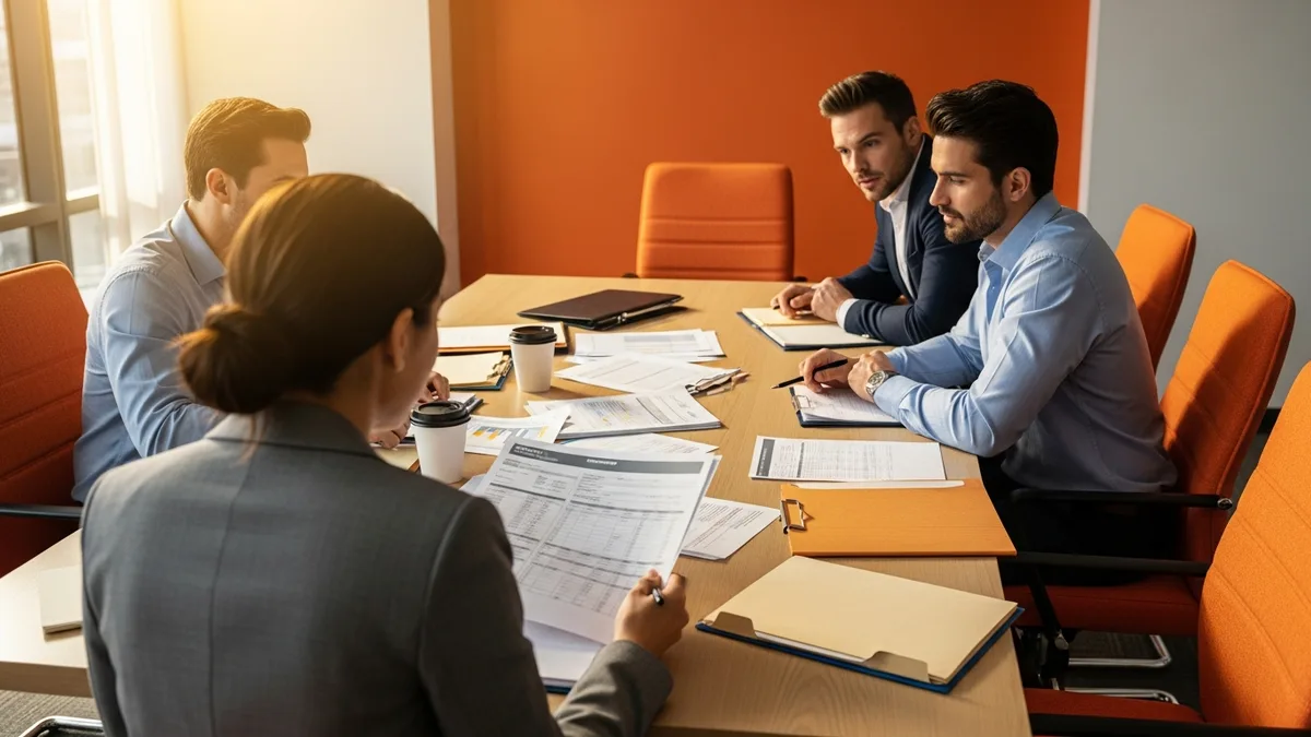 Finance and operations team assembling month-end close numbers from printed spreadsheets after outgrowing QuickBooks
