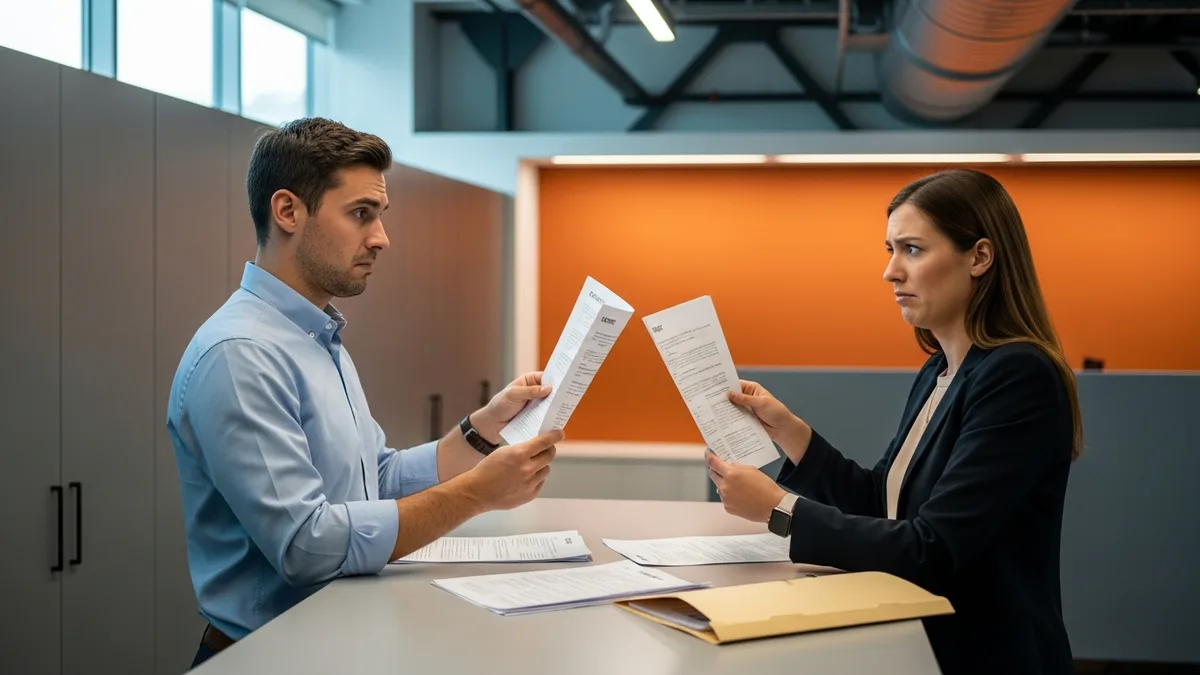 Two colleagues comparing conflicting revenue reports printed from two different systems that disagree
