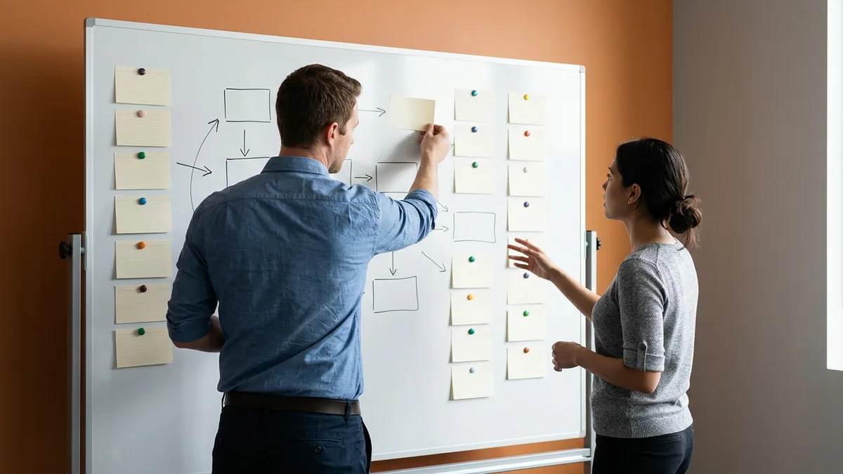Finance and IT leads sorting ERP change requests on a whiteboard into configuration changes and design changes