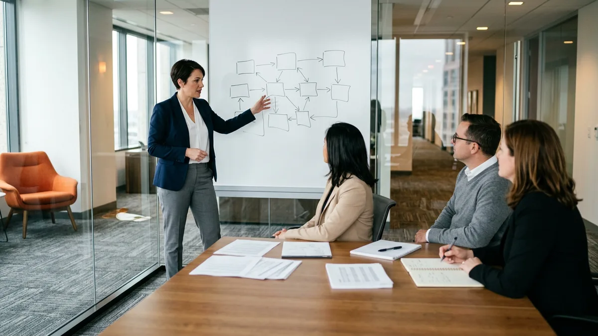ERP consultant walking a finance and IT team through an integration design on a whiteboard