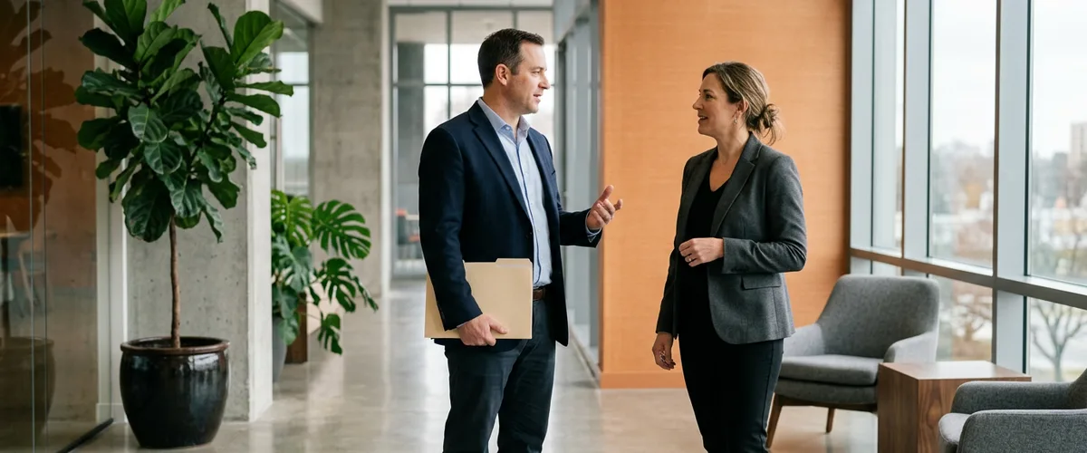 Two business leaders in an office lobby discussing whether their next ERP hire should be a consultant or another administrator