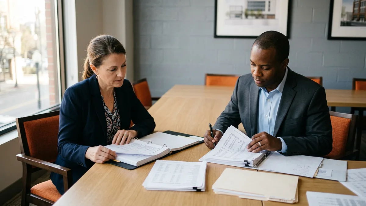 Controller and financial analyst reviewing printed close reports to find which step lengthened the month-end close