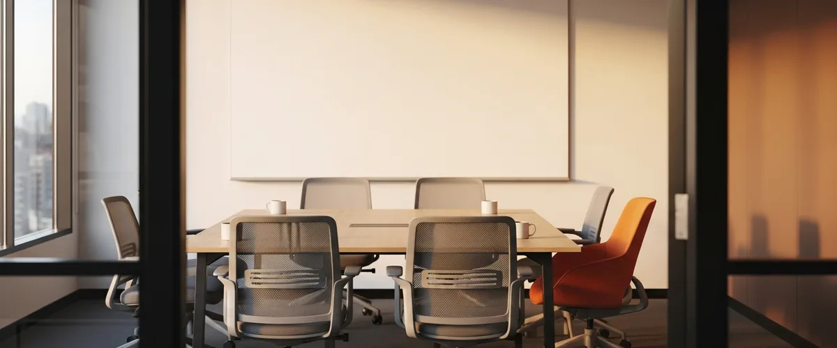 Empty engineering sprint planning room with a blank whiteboard and orange accent wall before a planning session