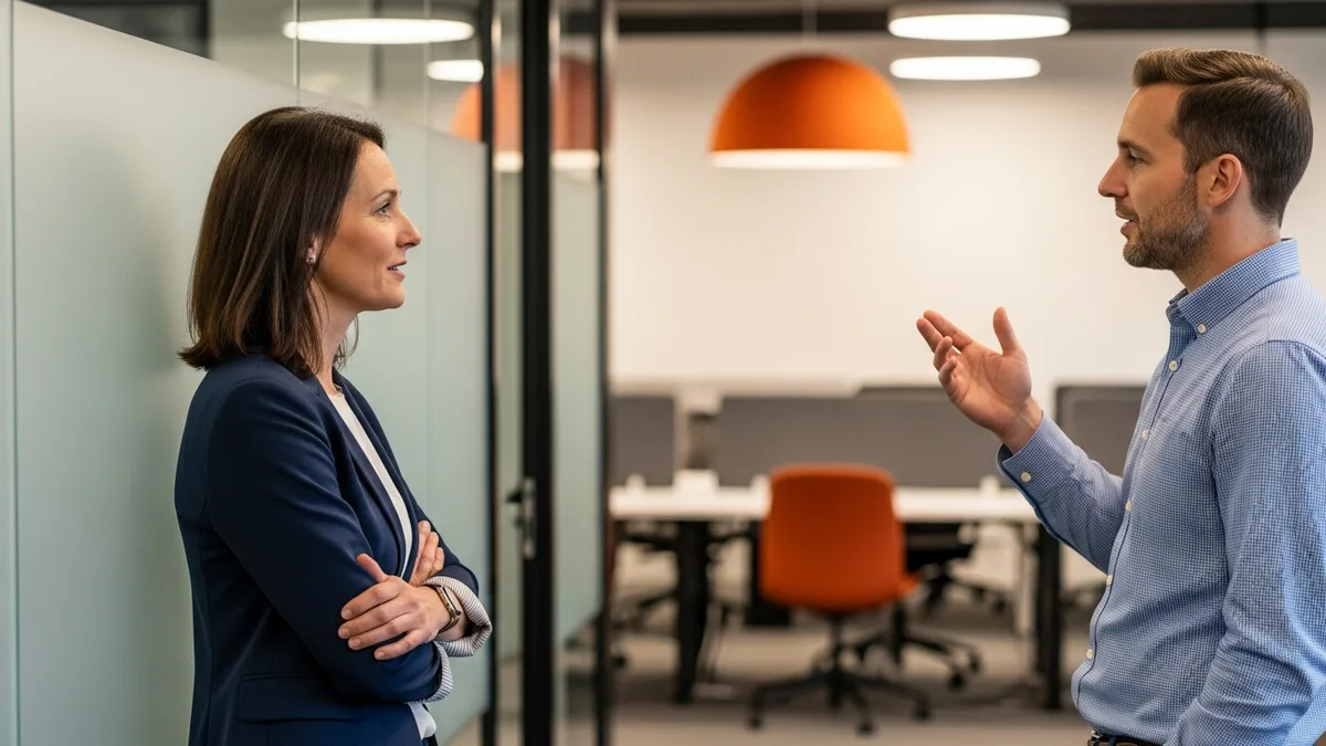 Engineering leader and product partner renegotiating sprint scope in a hallway conversation