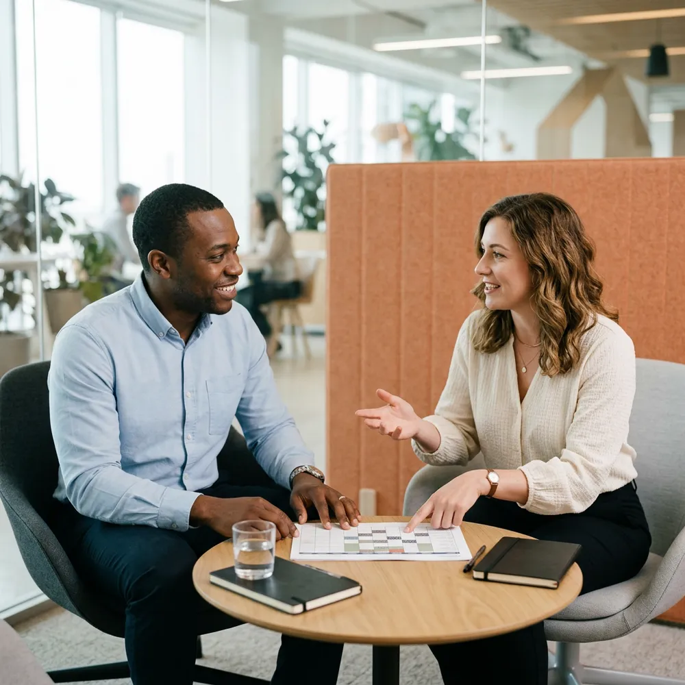 An engineering manager and a KORE1 recruiter discussing an on-call rotation schedule in a small meeting room