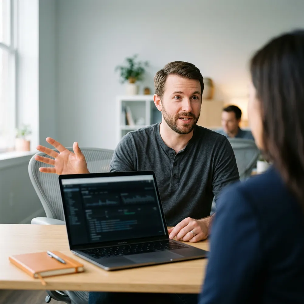 A site reliability engineer walking a KORE1 recruiter through an incident timeline on a laptop
