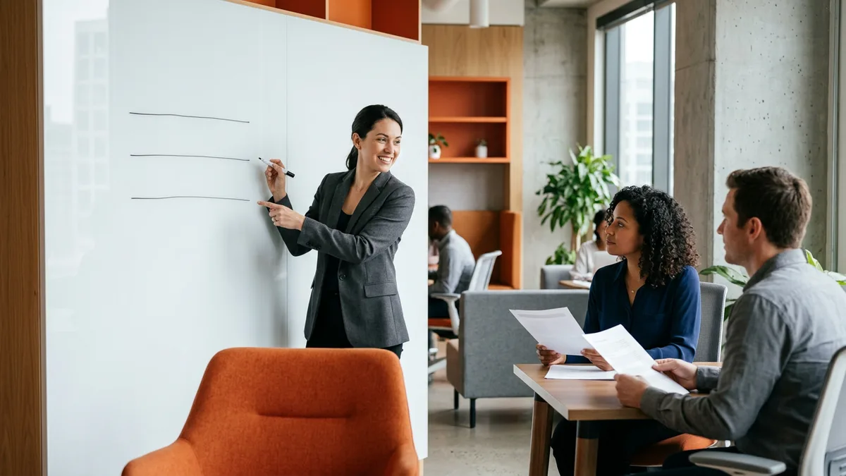 Technology leader at a whiteboard walking a team through a three-sentence test for choosing an IT engagement model
