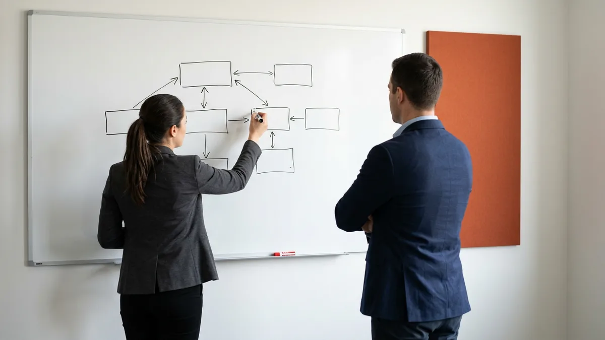 Engineering lead mapping workstreams on a whiteboard to decide which work suits IT staff augmentation and which needs a full-time hire