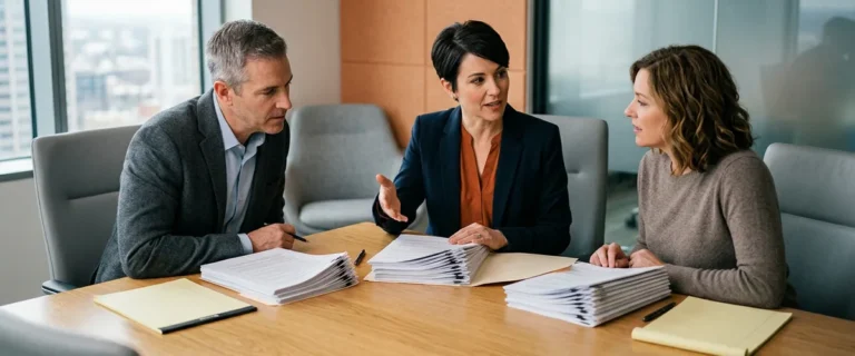 Three business leaders comparing staff augmentation, consulting and managed services proposals at a conference table