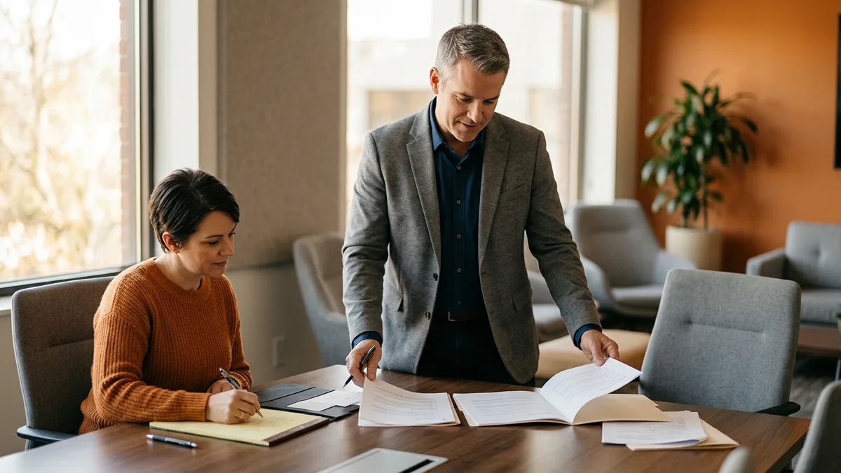 IT hiring manager and colleague reviewing printed staff augmentation and consulting engagement proposals