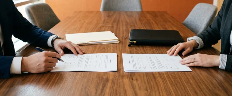 IT buyer and vendor representative comparing a staff augmentation contract against a managed services contract on a conference table
