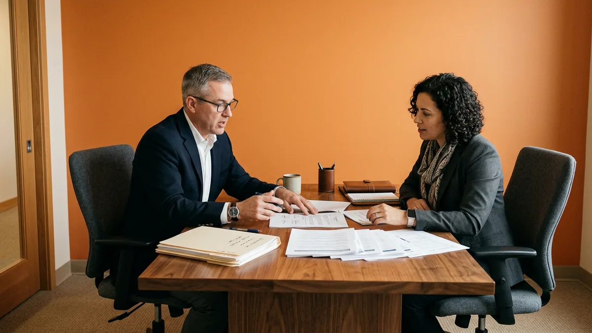 IT director and procurement lead comparing printed staff augmentation and managed services vendor proposals in a conference room