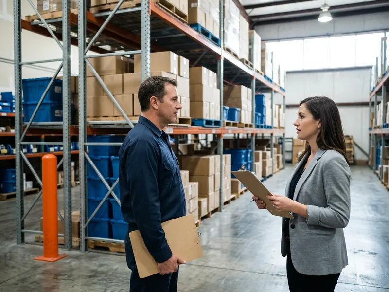 Plant supervisor and finance analyst talking beside warehouse racking, mid-market ERP data and AI adoption 2026