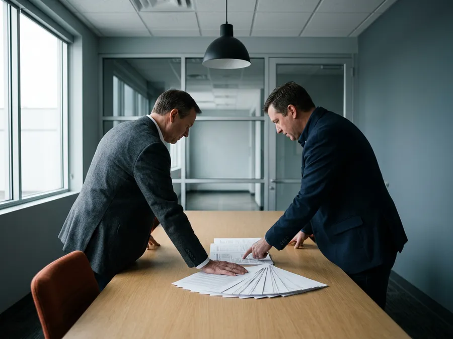 CFO and operations director reviewing printed ERP reports in a mid-sized manufacturer meeting room, KORE1 mid-market ERP and AI adoption report 2026