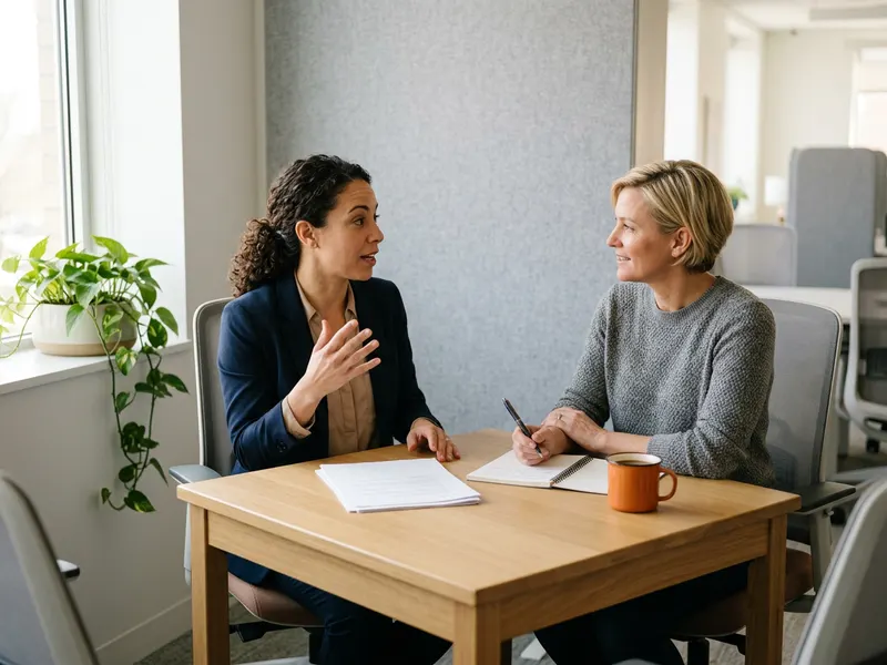 KORE1 recruiter reviewing a printed ERP candidate shortlist with a hiring manager, mid-market ERP staffing 2026
