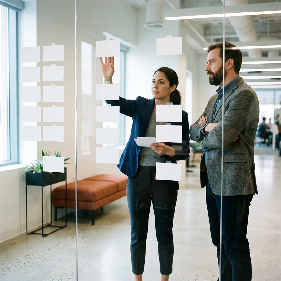 A KORE1 recruiter and an IT hiring manager arranging blank index cards on a glass wall while scoping a SuiteCommerce developer role