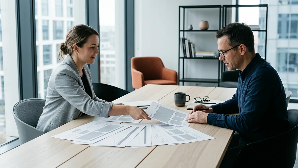 A KORE1 technical recruiter and an ecommerce director comparing printed web store page layouts during a SuiteCommerce developer search