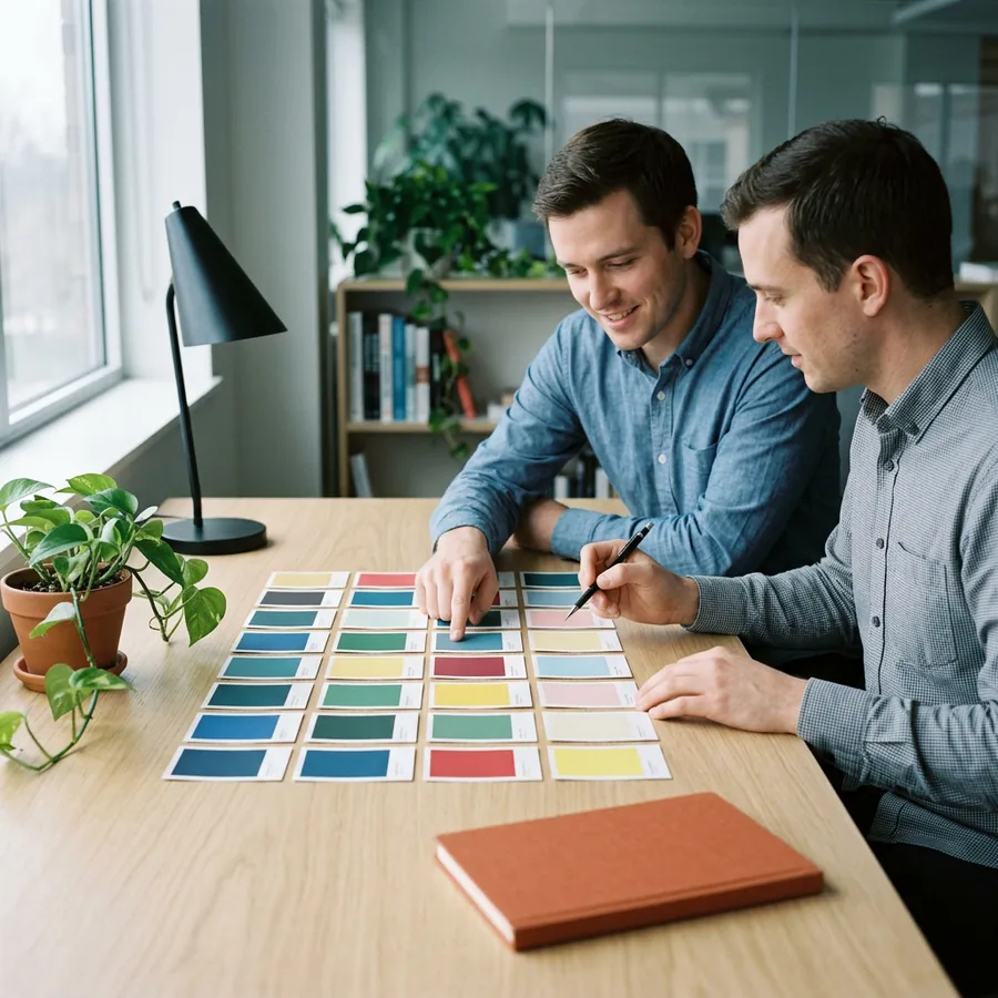 Two SuiteCommerce developers reviewing a printed theme style guide binder together at a desk