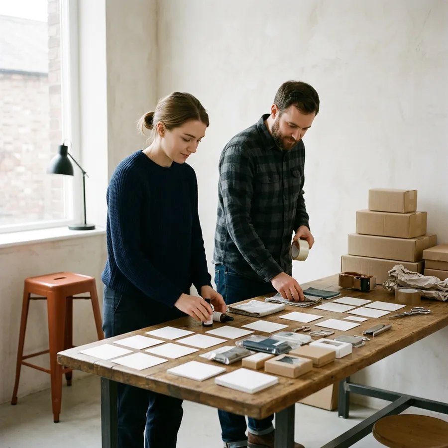 An ecommerce merchandiser and a developer sorting physical product samples and blank swatch cards on a studio bench