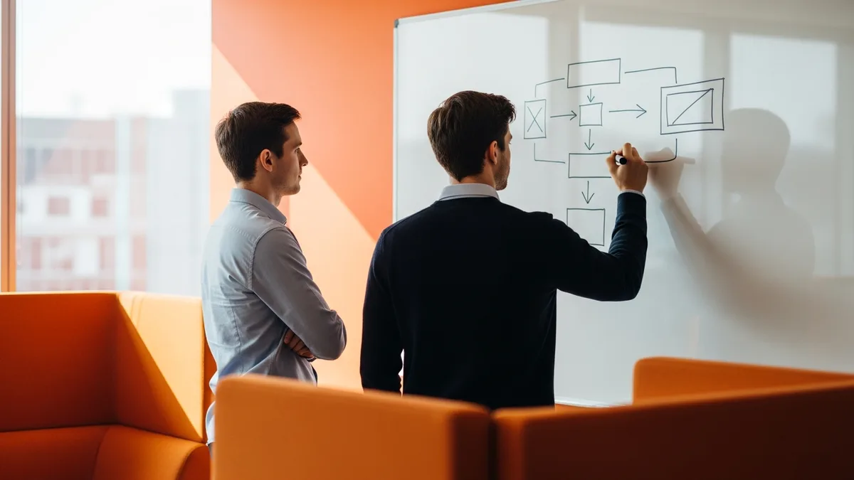 Two engineers at a whiteboard mapping synchronous hops in a request path before an event-driven refactor