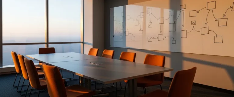 Empty conference room at dusk with a whiteboard of boxes and arrows after an architecture review