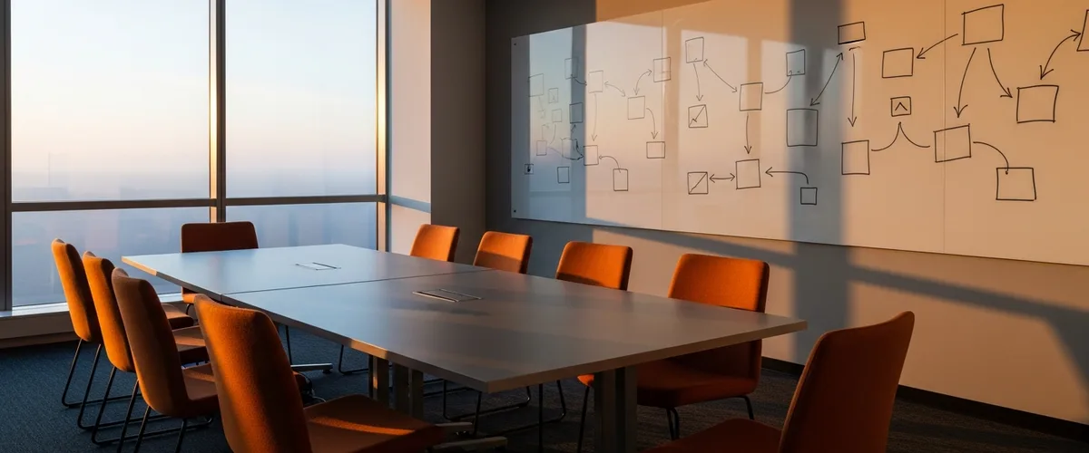 Empty conference room at dusk with a whiteboard of boxes and arrows after an architecture review