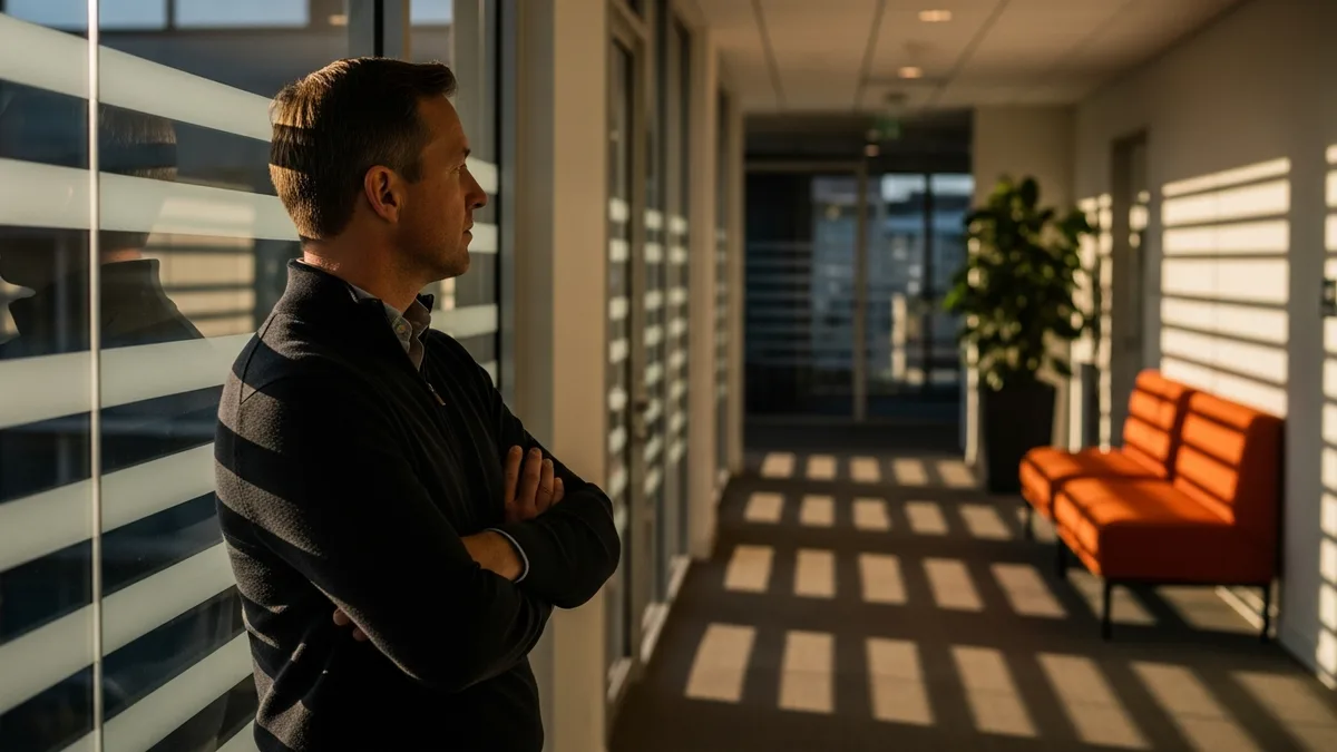 Engineering leader standing in a glass corridor weighing the cost of a synchronous API call