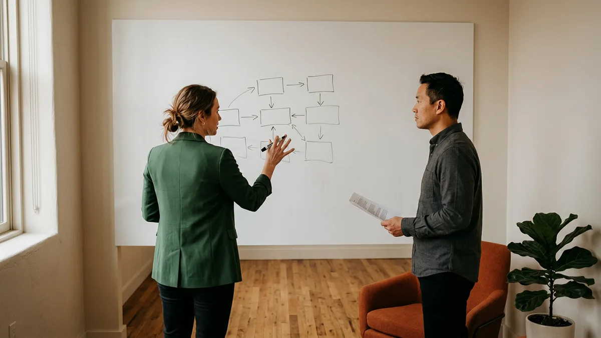 Engineering leader sketching platform team and stream-aligned team boundaries on a whiteboard