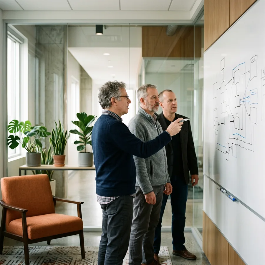 Three contract engineers reviewing a target company architecture on a whiteboard during a technical due diligence engagement