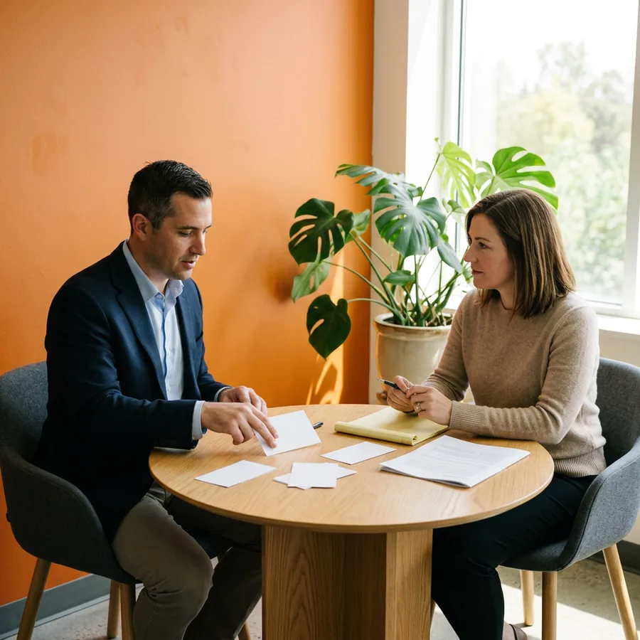 A KORE1 recruiter and a deal team lead scoping a technical due diligence engineering engagement across index cards on a table
