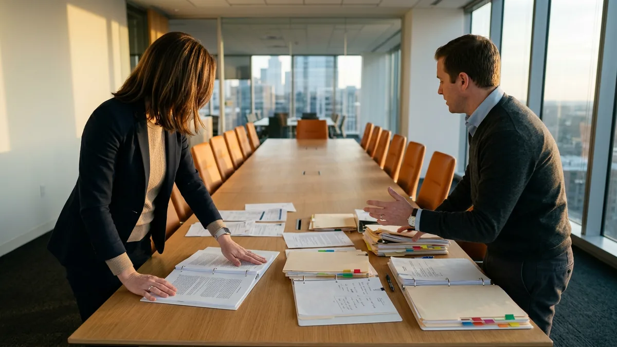 A KORE1 recruiter and a private equity operating partner working through printed technical due diligence binders on a conference room table