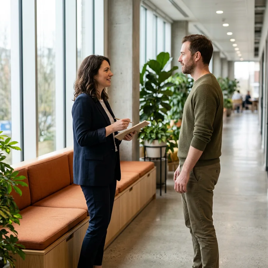 A KORE1 recruiter talking with an engineering manager about retaining an acquired team after a merger closes