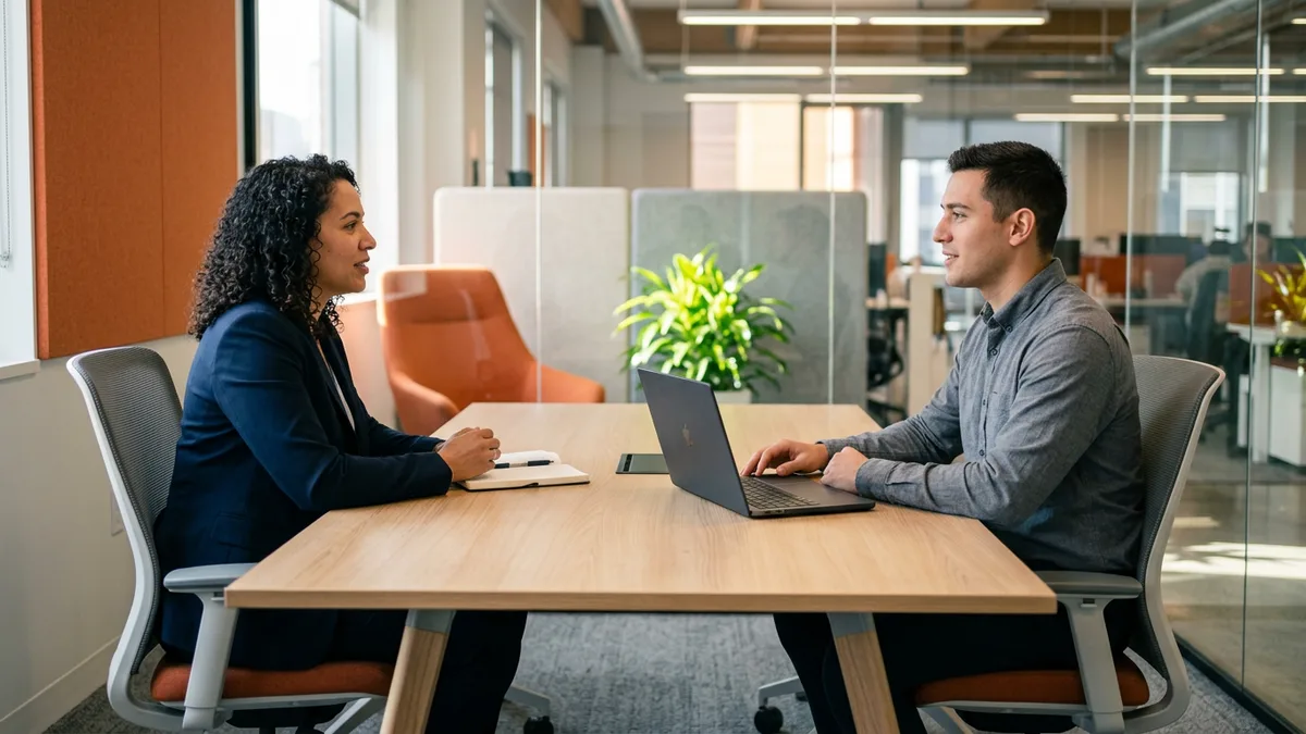 Hiring manager and analytics candidate seated across a table during a technical screen with a laptop between them