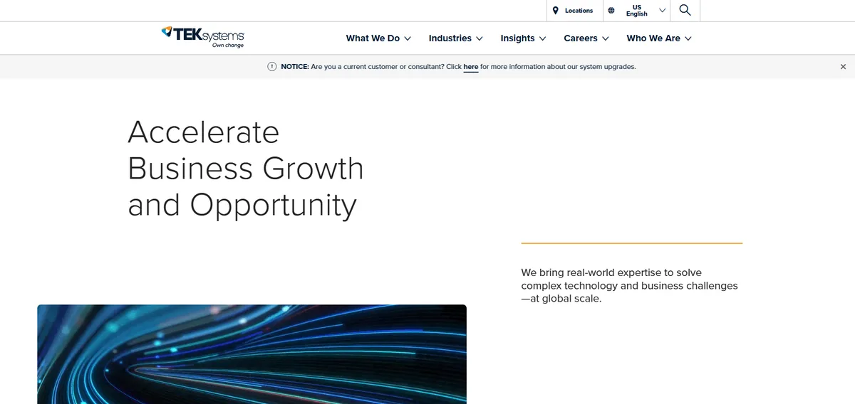 TEKsystems homepage, ranked the number seven IT consulting firm for 2026 for enterprise-scale IT staffing and managed services.