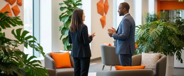 Two hiring leaders discussing a product management recruiting search in a modern office lobby