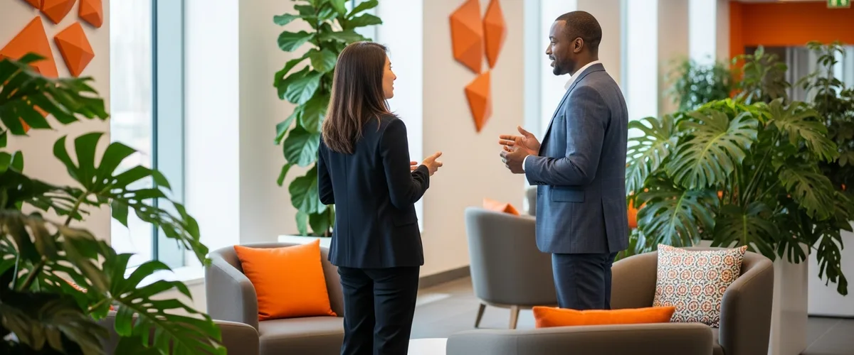 Two hiring leaders discussing a product management recruiting search in a modern office lobby