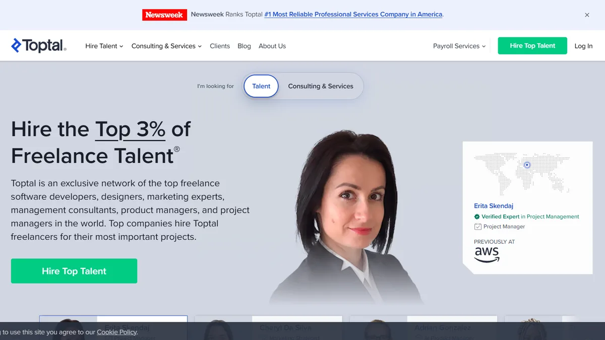 Toptal homepage, ranked best fractional CTO marketplace for 2026
