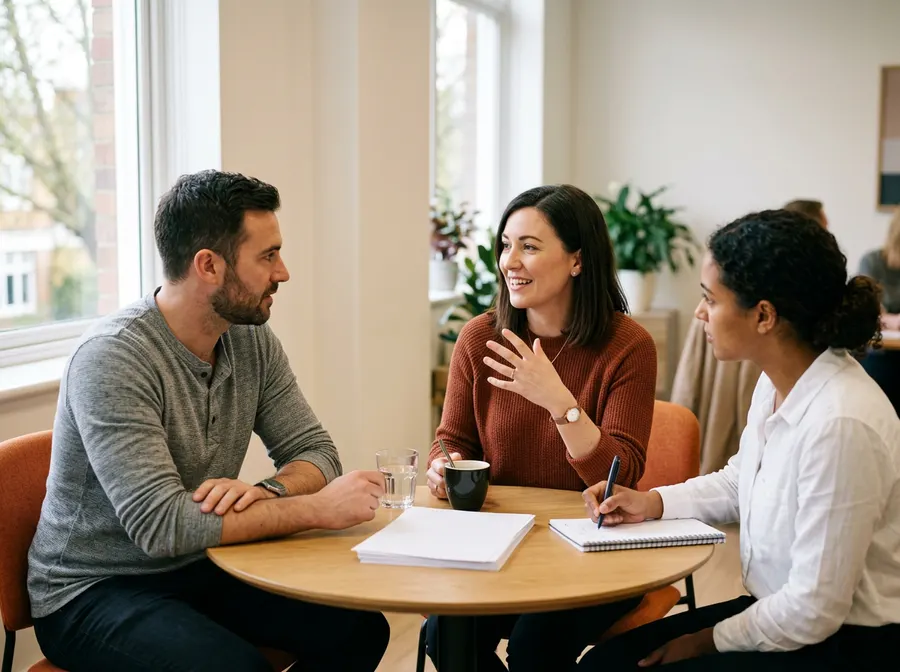 A KORE1 account lead and a hiring manager meeting with a contract engineer about transferring to a new staffing vendor