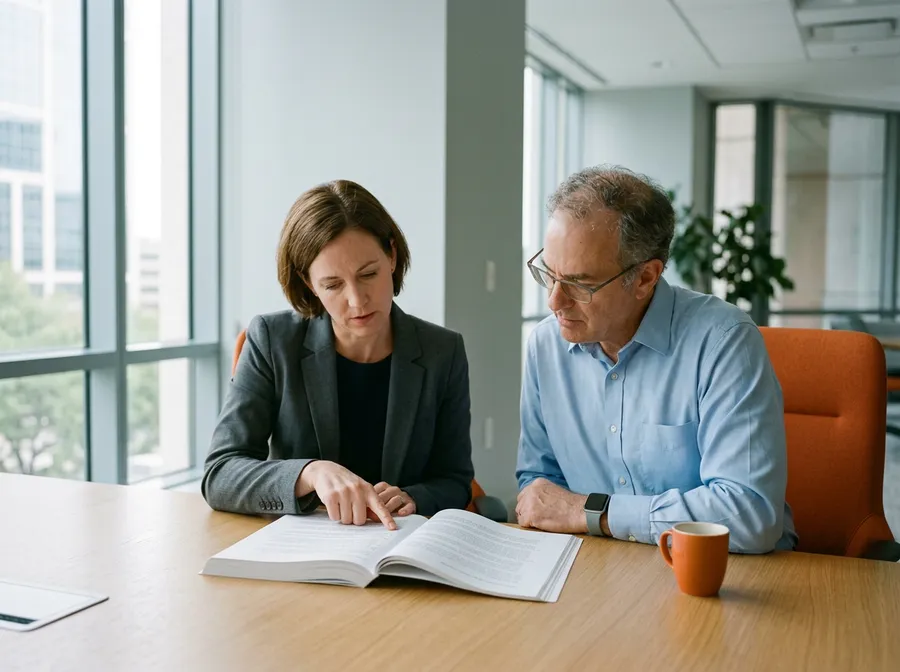 A procurement lead and a KORE1 account partner reviewing a printed staffing vendor transition plan before an MSA expires
