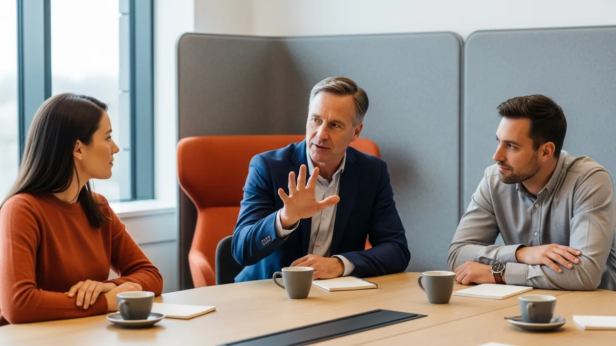 Finance leadership team discussing 2026 VP of Finance salary bands around a conference table