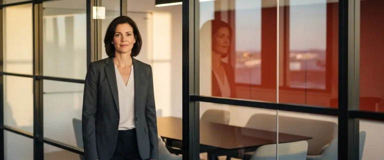 Senior VP of Finance standing outside a glass-walled conference room, illustrating 2026 VP of Finance salary benchmarks