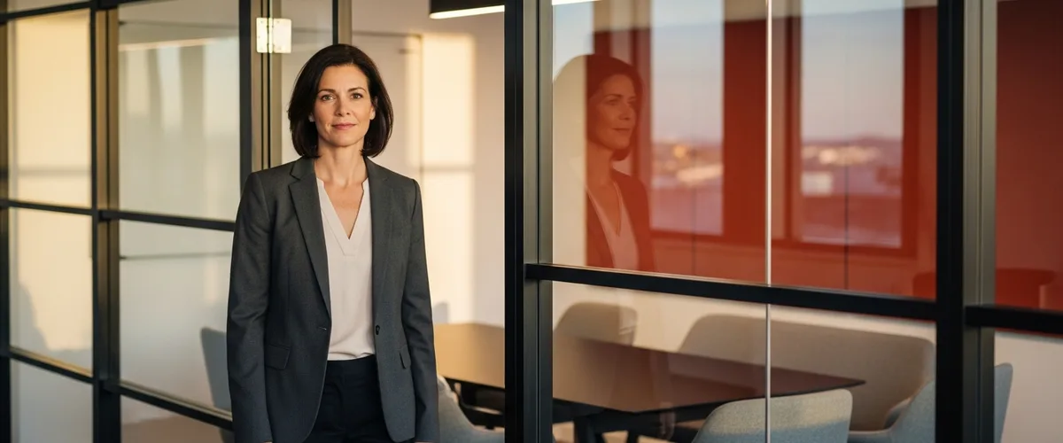 Senior VP of Finance standing outside a glass-walled conference room, illustrating 2026 VP of Finance salary benchmarks