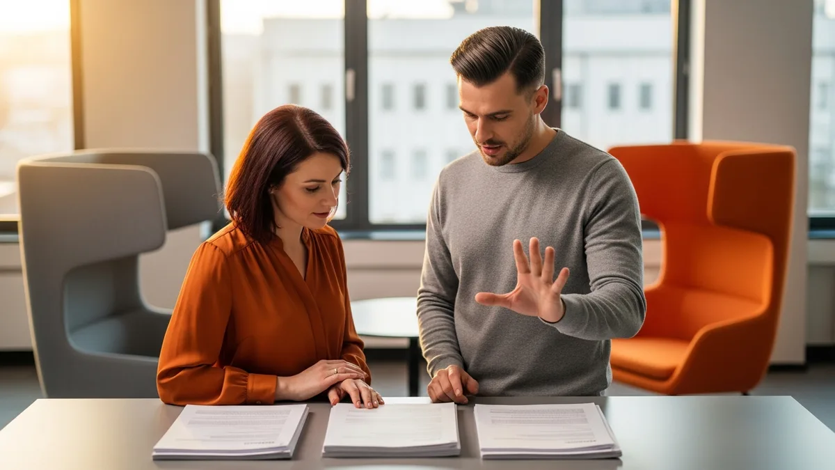 Recruiter and hiring manager comparing W2, 1099, and corp-to-corp contract paperwork laid side by side on a table