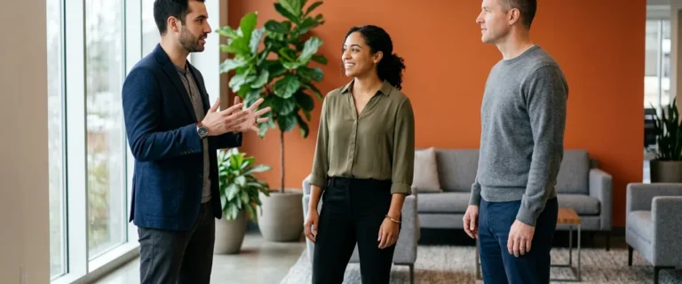 Three colleagues in conversation in an office lobby, illustrating how IT staff augmentation places contract technologists alongside an in-house team