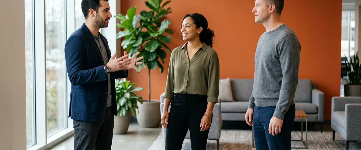 Three colleagues in conversation in an office lobby, illustrating how IT staff augmentation places contract technologists alongside an in-house team